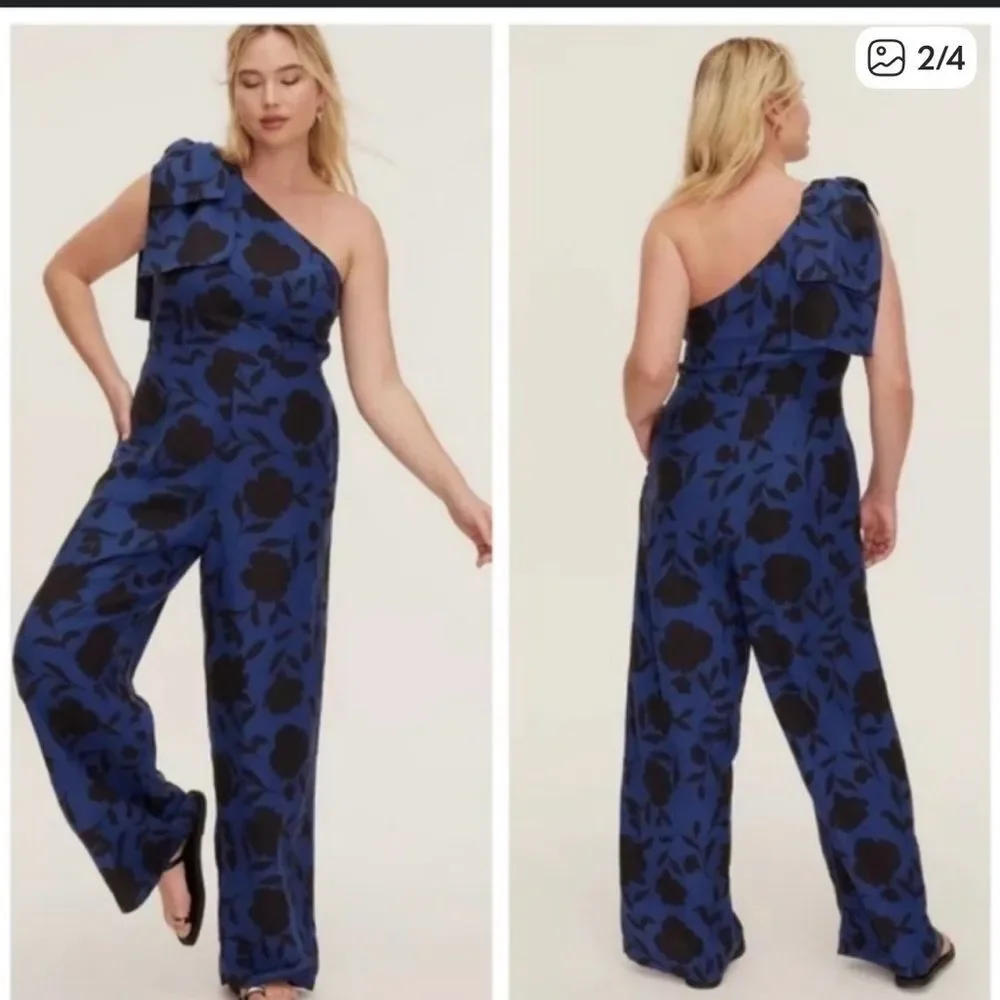 kate spade One-Shoulder Royal Blue and Black Floral Jumpsuit